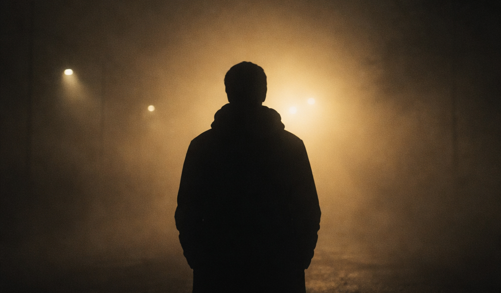 Silhueta parada na neblina noturna com uma luz dourada ao longe: sentir-se perdido mesmo com estabilidade