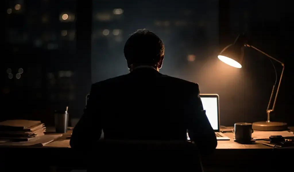 Silhueta de uma pessoa de costas a uma mesa à noite, olhando o laptop com ar de vazio apesar do escritório bem-sucedido