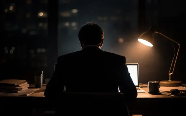 Silhueta de uma pessoa de costas a uma mesa à noite, olhando o laptop com ar de vazio apesar do escritório bem-sucedido