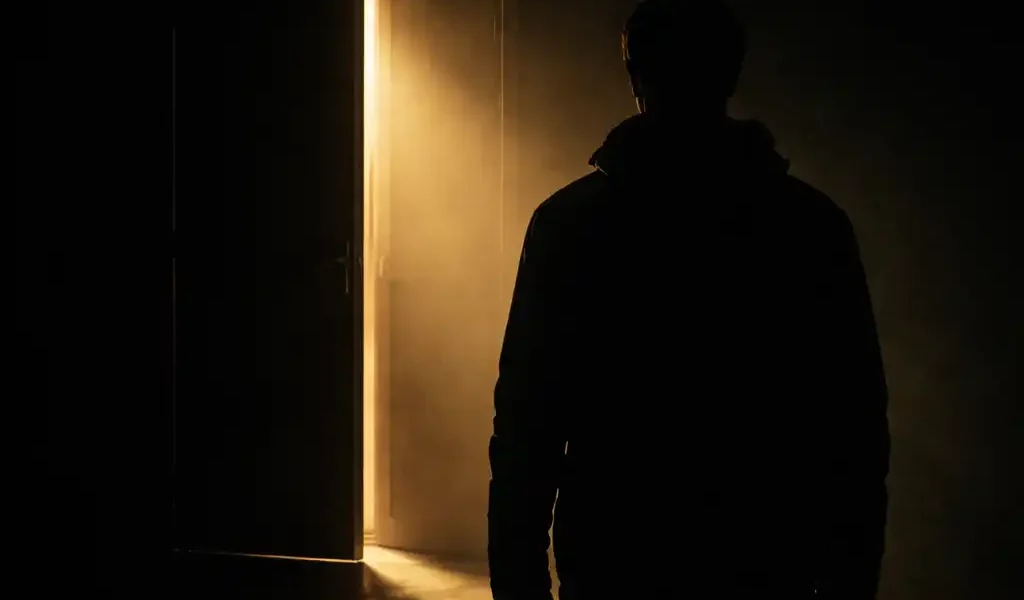 Silhueta num quarto escuro diante de uma porta entreaberta com luz dourada, metáfora de sentir-se preso e buscar uma saída