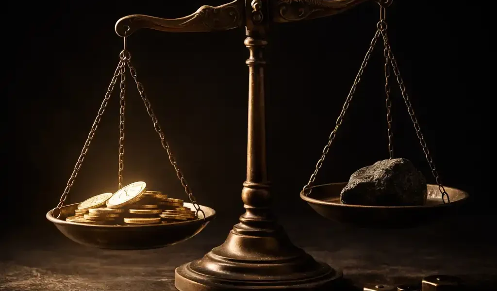 Balança antiga com moedas douradas de um lado e uma pedra escura mais pesada do outro: o salário que não compensa o custo