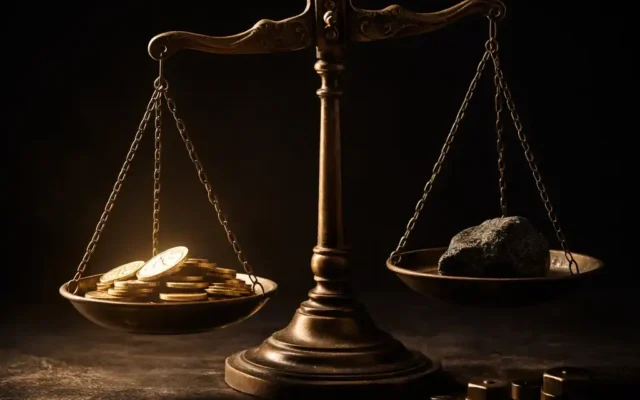 Balança antiga com moedas douradas de um lado e uma pedra escura mais pesada do outro: o salário que não compensa o custo