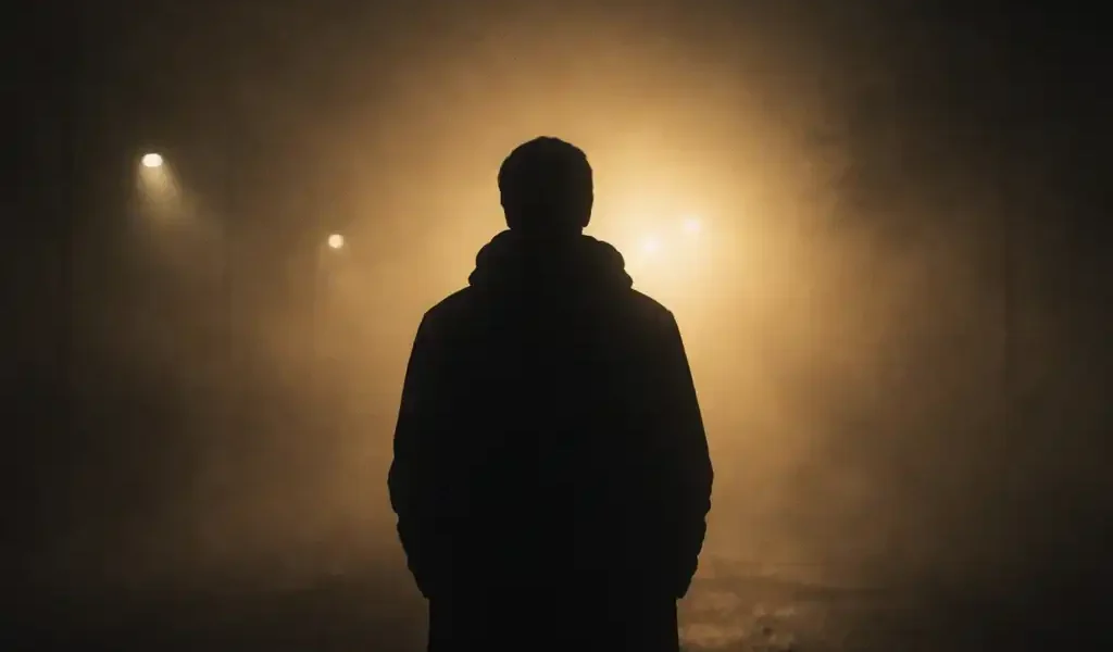 Silhueta parada na neblina noturna com uma luz dourada ao longe: sentir-se perdido mesmo com estabilidade