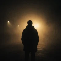 Silhueta parada na neblina noturna com uma luz dourada ao longe: sentir-se perdido mesmo com estabilidade