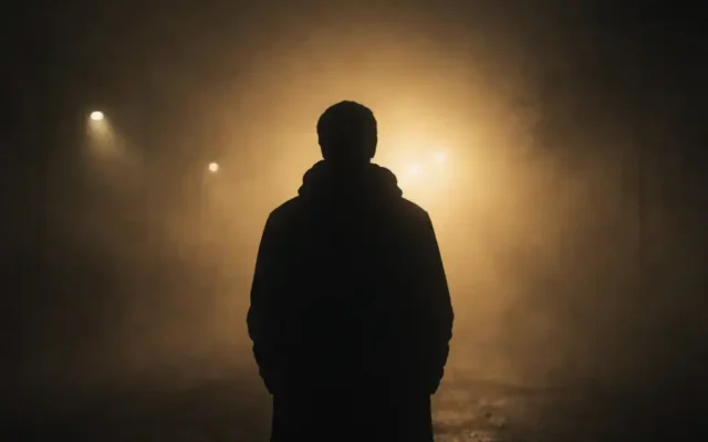 Silhueta parada na neblina noturna com uma luz dourada ao longe: sentir-se perdido mesmo com estabilidade