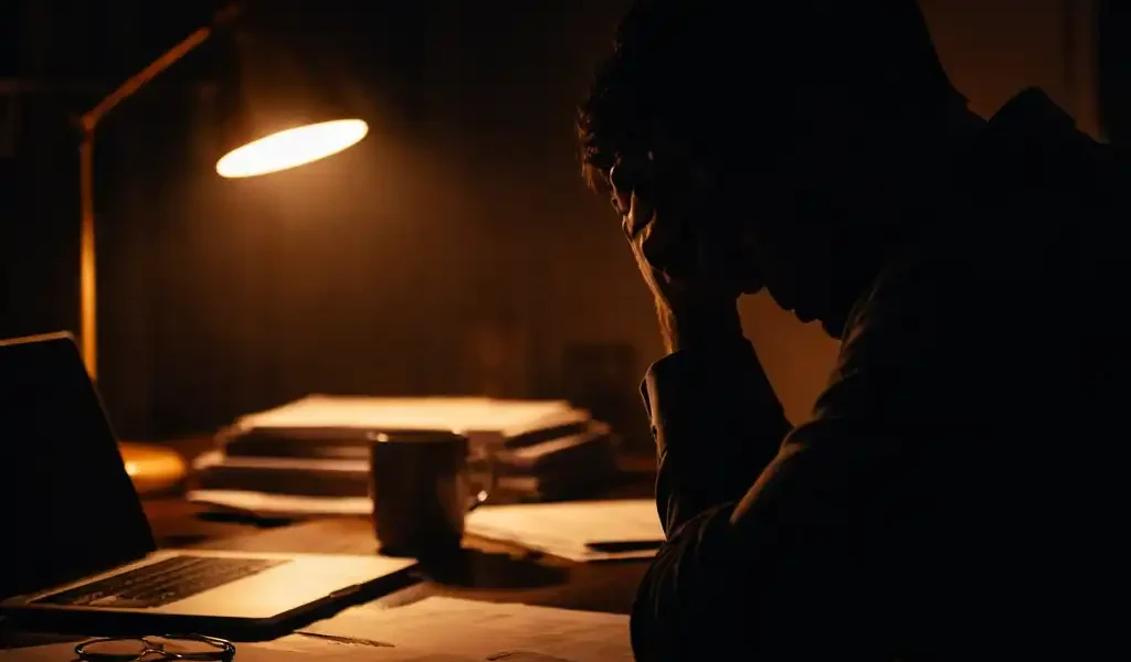 Silhueta de pessoa exausta com a cabeça apoiada na mão a uma mesa à noite: o trabalho afetando a saúde mental