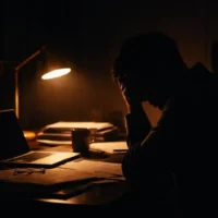 Silhueta de pessoa exausta com a cabeça apoiada na mão a uma mesa à noite: o trabalho afetando a saúde mental