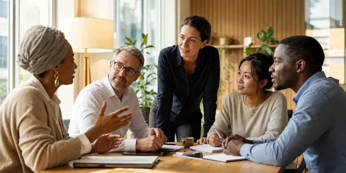 Líder conduzindo uma conversa com uma equipe diversa de diferentes perfis comportamentais