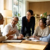 Líder conduzindo uma conversa com uma equipe diversa de diferentes perfis comportamentais