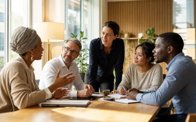 Líder conduzindo uma conversa com uma equipe diversa de diferentes perfis comportamentais