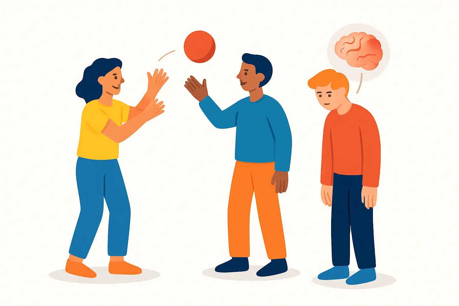 Ilustração do experimento de exclusão social: duas pessoas jogam bola entre si enquanto uma terceira fica de fora, com o cérebro dela destacando em vermelho a região da dor.