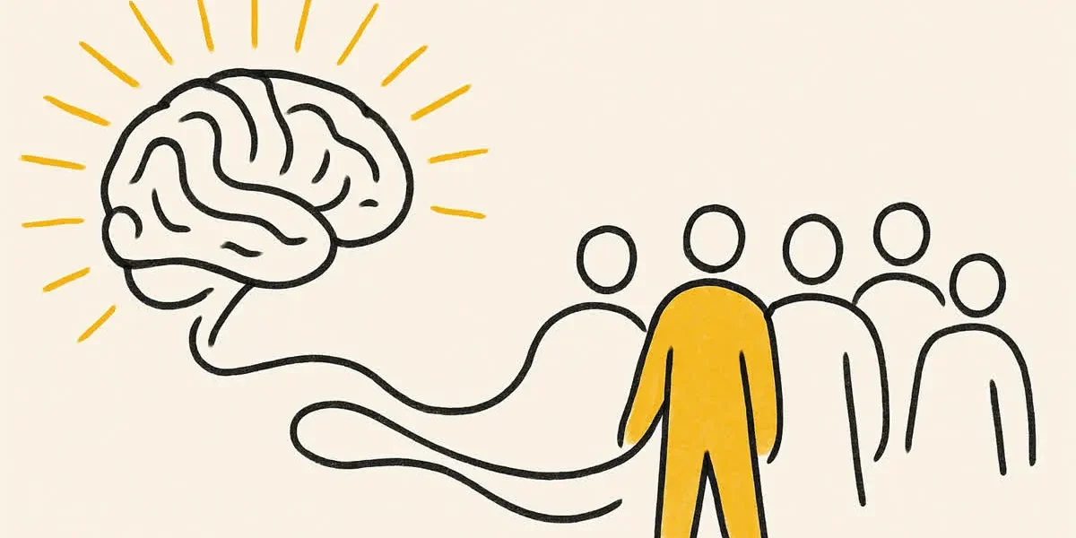 Ilustração editorial de um cérebro irradiando conexões douradas sobre uma equipe com o líder em destaque, representando a neurociência aplicada à liderança