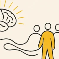 Ilustração editorial de um cérebro irradiando conexões douradas sobre uma equipe com o líder em destaque, representando a neurociência aplicada à liderança