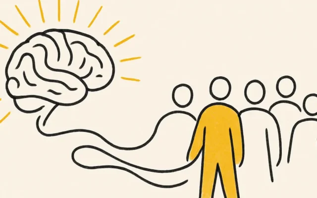Ilustração editorial de um cérebro irradiando conexões douradas sobre uma equipe com o líder em destaque, representando a neurociência aplicada à liderança