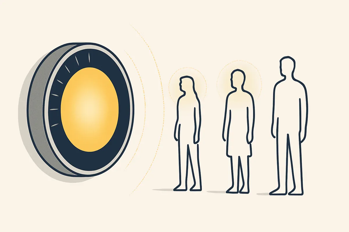 Ilustração de um termostato irradiando calor sobre três silhuetas de pessoas em pé, representando o contágio emocional do líder sobre o time